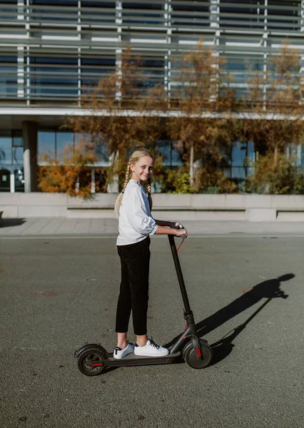 Smiling Girl Rides Electric Scooter School — Stock Photo, Image