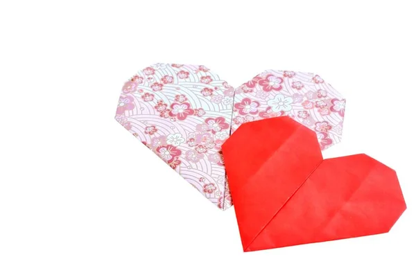 Corações Amor Rosa Vermelho Bonitos Feitos Papel Tradicional Origem Japonesa — Fotografia de Stock