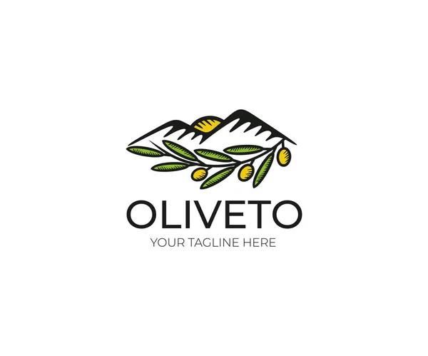 Zeytin Logo Şablonu Olive Grove Vektör Tasarımı Doğa Yaprak Dağlar — Stok Vektör