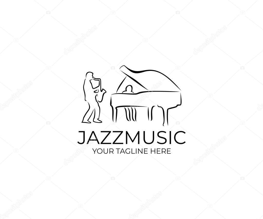 Jazz Music Logo Template. Saxophonist and Pianist Vector Design. Musician Illustration