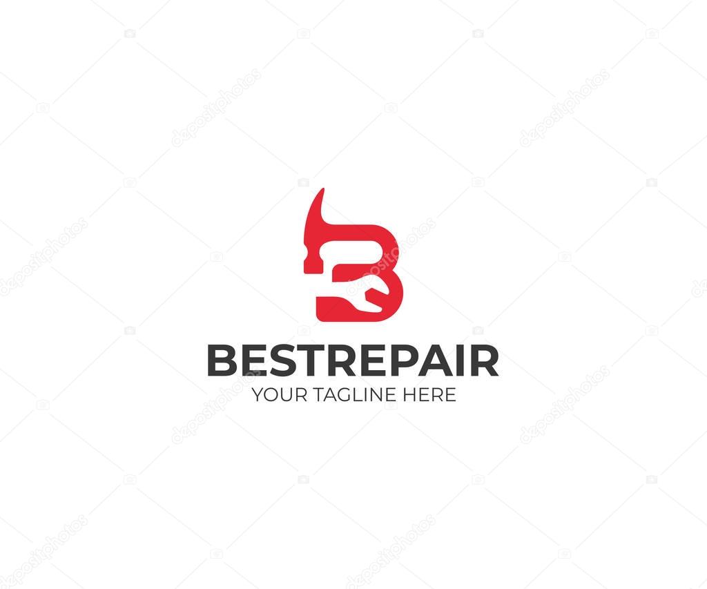 Letter B Repair and Construction Logo Template. Wrench and Hammer Vector Design. Work Tools Illustration