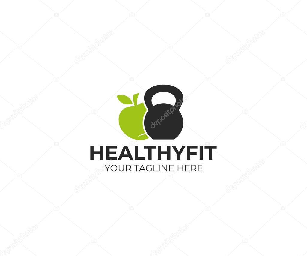 Kettlebell and apple logo template. Healthy food vector design. Fitness illustration