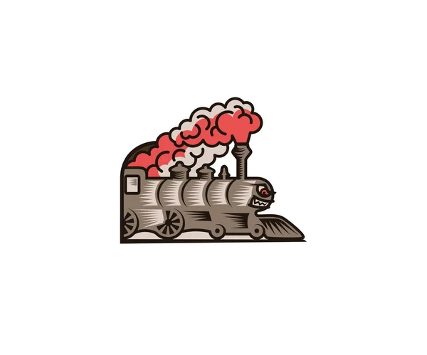 Cartoon Grijze Locomotief Logo Sjabloon Lineaire Oude Trein Vector Ontwerp — Stockvector