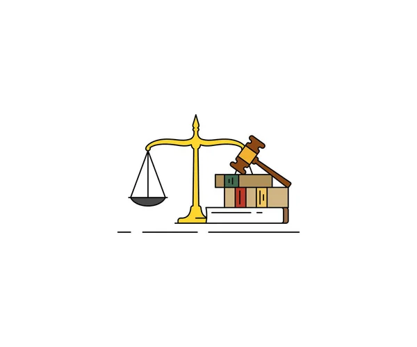 Rechts Und Gerechtigkeitsbegriff Linienvektordesign Gesetzeswaage Buch Und Hammer Illustration — Stockvektor