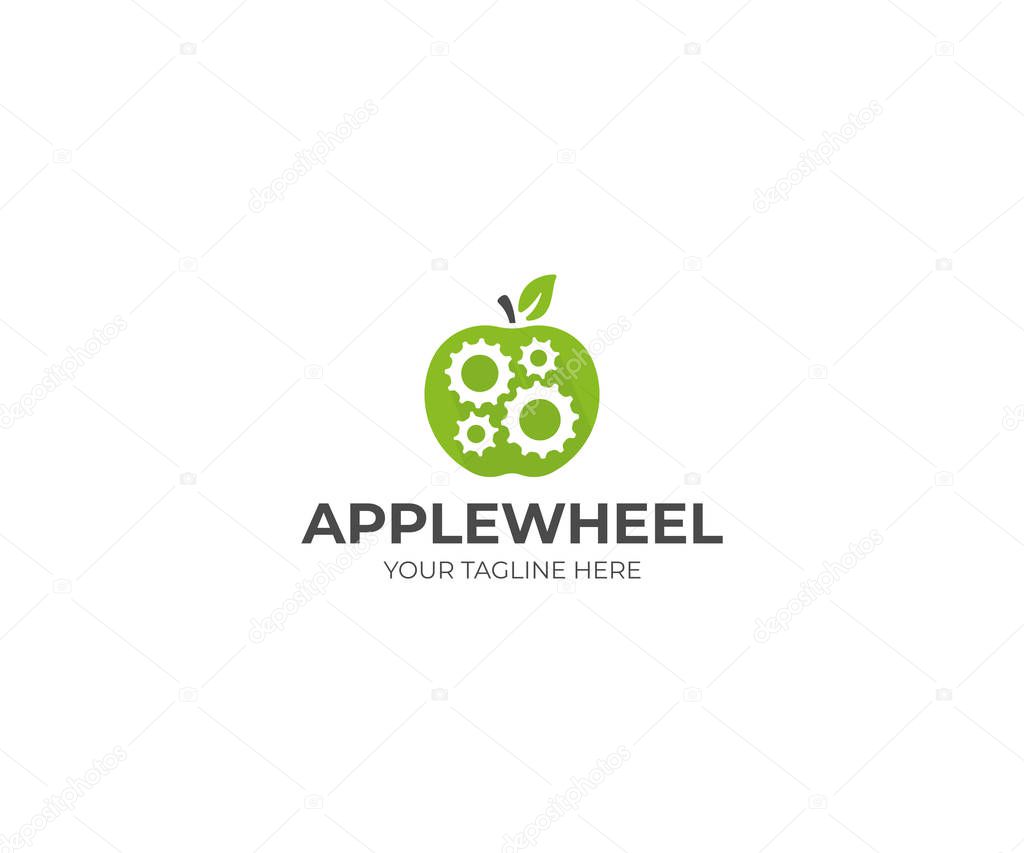 Apple and gear wheel logo template. Gear mechanism in apple fruit vector design. Green apple and cogwheel illustration