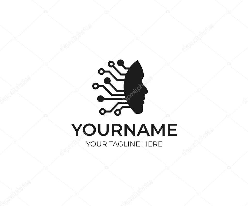 Artificial intelligence and human face logo template. Circuits electronics grid and communications vector design. Technology CPU Mind illustration
