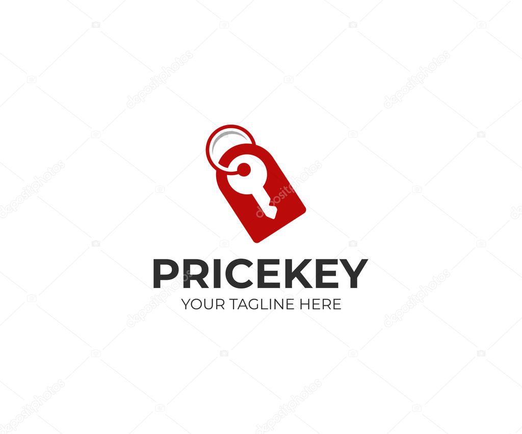 Price tag and key logo template. Price label and house key vector design. Key shop illustration