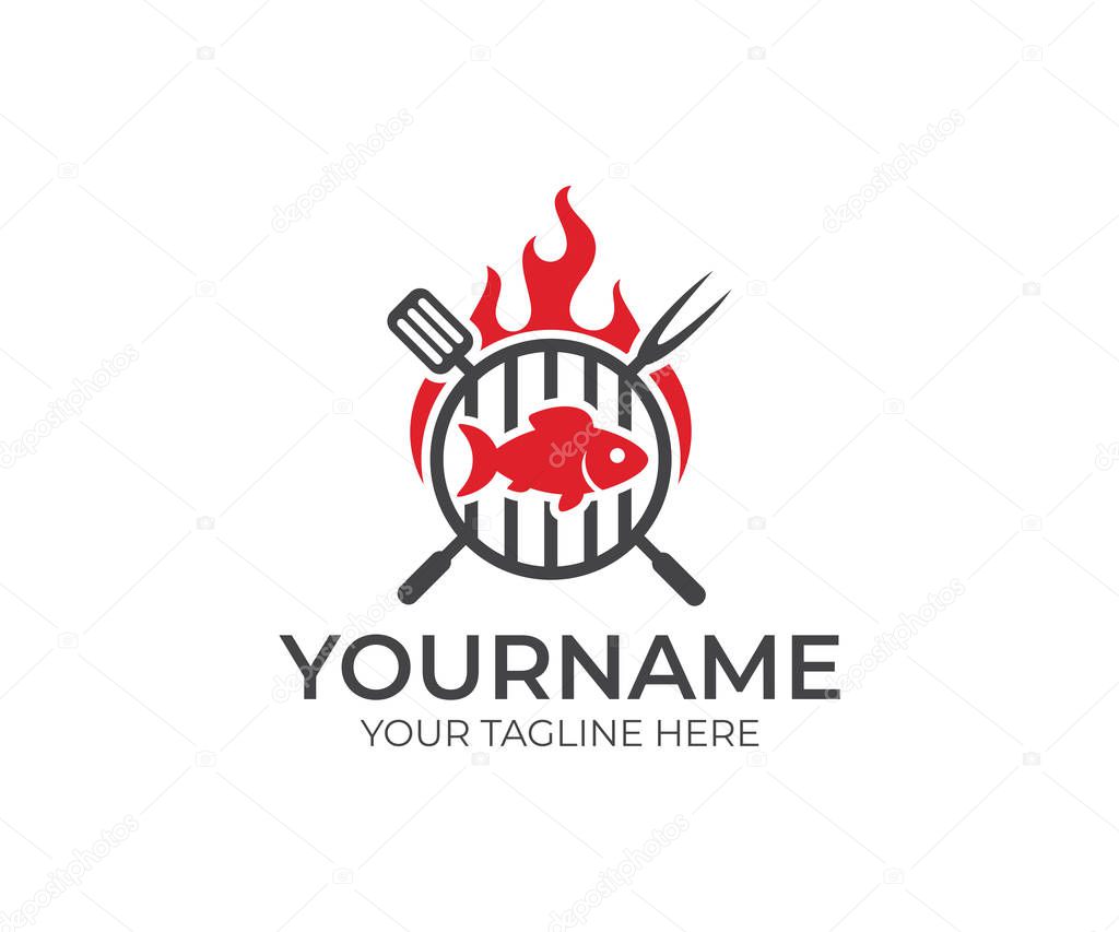 BBQ and fish with fire logo template. Grill and fish meat with fork and spatula vector design. Fast food and fishing illustration