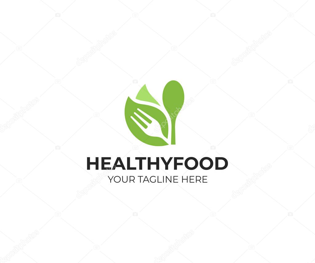 Healthy food logo template. Organic food vector design. Fork, spoon and leaves logotype