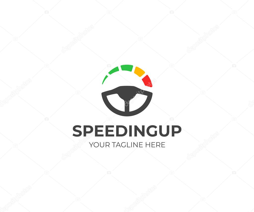 Steering Wheel and speedometer logo template. Driving school vector design. Tachometer logotype