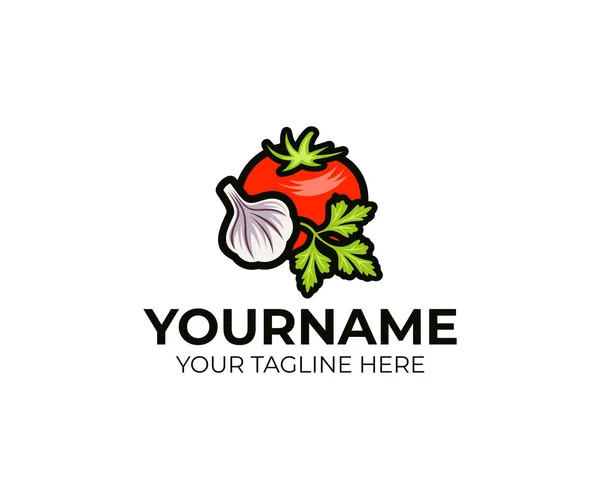 Logo Vorlage Für Tomaten Knoblauch Und Petersilie Vegetabile Stillleben Vektor — Stockvektor