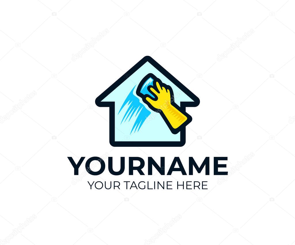 House cleaning service and hand washing window logo template. House clean and hand in rubber gloves with a sponge vector design. House cleanup illustration