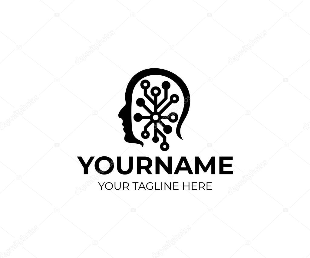 Man head and artificial intelligence logo template. Human face with circuits electronics grid and communications vector design. Technology CPU Mind illustration