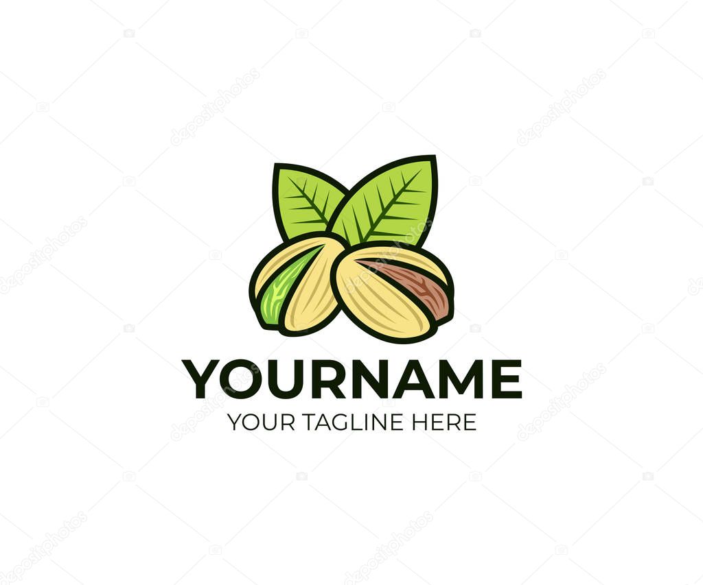 Pistachios nuts with green leaves, logo template. Pistachio seed with shell and leaf, vector design. Vegetarian and organic, natural food and nutrition, illustration