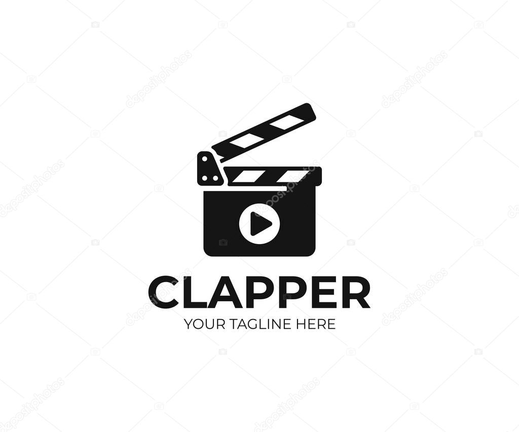 Clapboard and play sign logo template. Clapper board vector design. Open clapperboard logotype