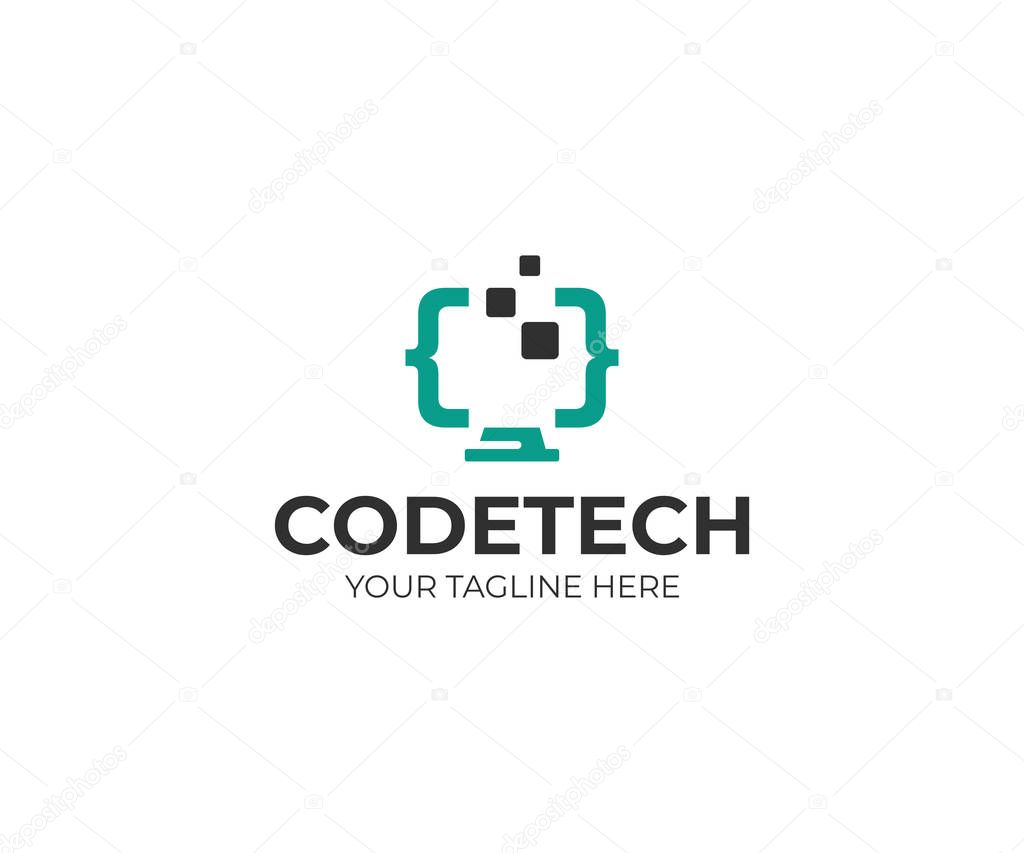 Programming code and computer monitor logo template. Coding school vector design. Computer science logotype