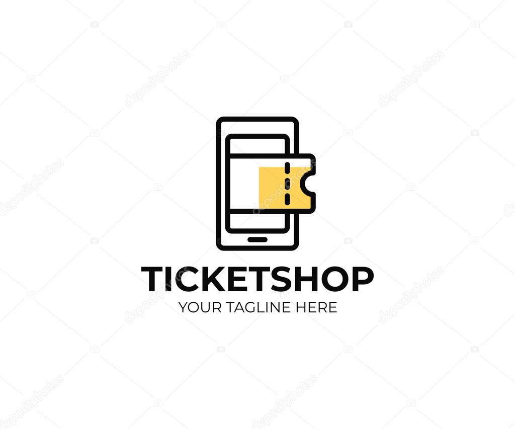 Online ticket shop logo template. Mobile phone and tickets vector design. Online ticket center logotype