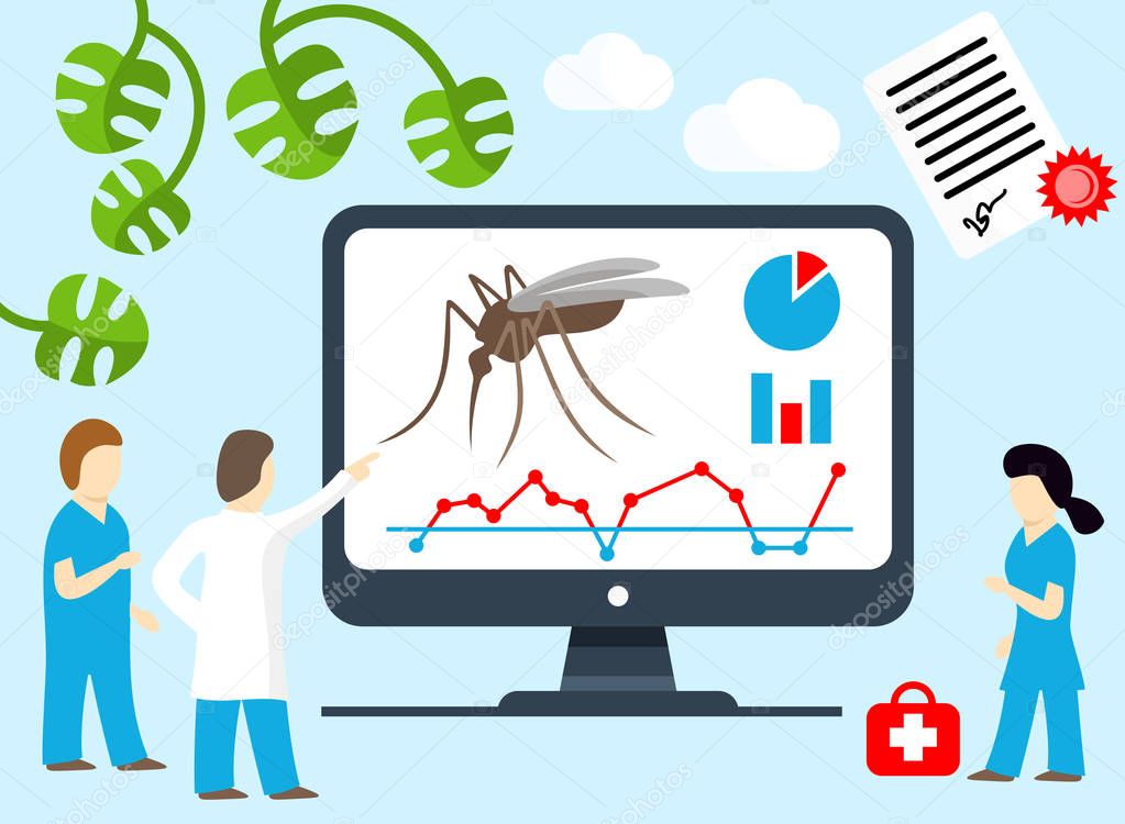 Scientists, doctors probe new ways to control malaria and mosquito. Malaria research, search cure to mosquito-borne disease. Research new methods to tackling this killer of people, vector illustration