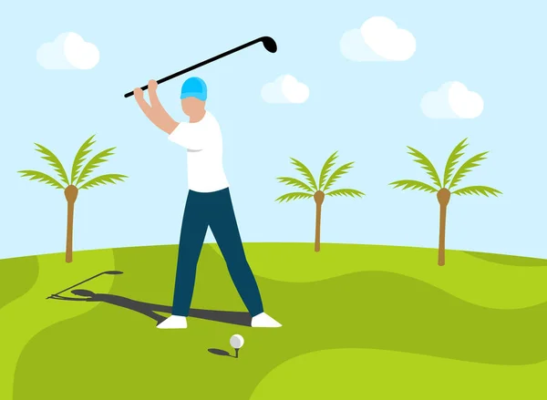 Man golfer putting on golf course and around grow palms. Human playing in golf on outdoors, vector design. Active kind of sport on nature and green grass, vector illustration