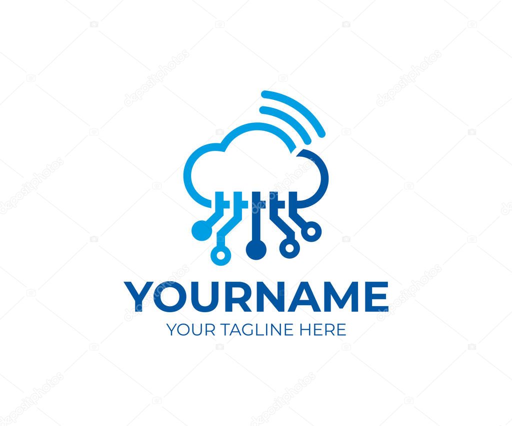 Cloud technology, tech and Wi-Fi, logo template. Cloud, circuits electronics grid and communications, vector design. Technology CPU Mind and smart cloud, illustration