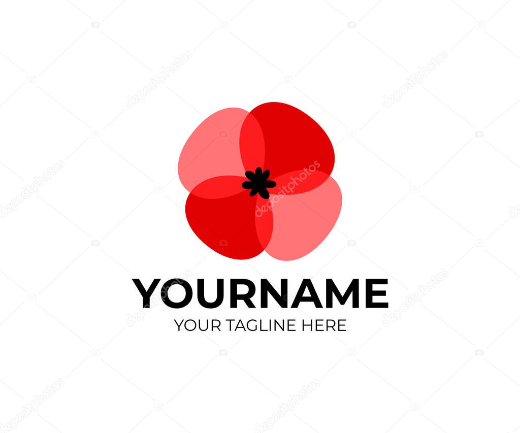 Poppies flower and plant, red color, style overlap and overlay, logo template. Red poppy and flora, vector design. Nature illustration