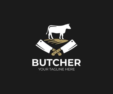 Butcher shop logo template. Cow and meat cleaver knife vector design. Butchery logotype clipart