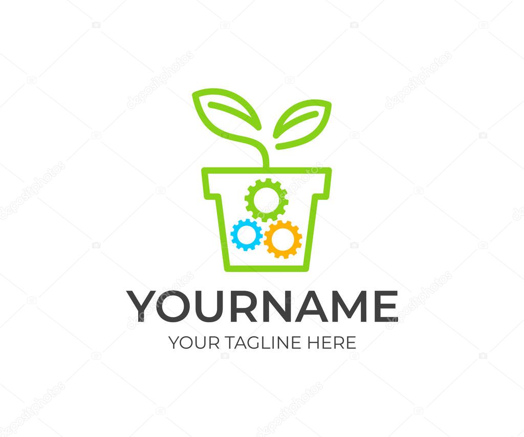 Sprout in flower pot and gears, logo template. Ecological mechanical gear, bio technology, business growth and agriculture industry, vector design. Eco technology and environment, illustration