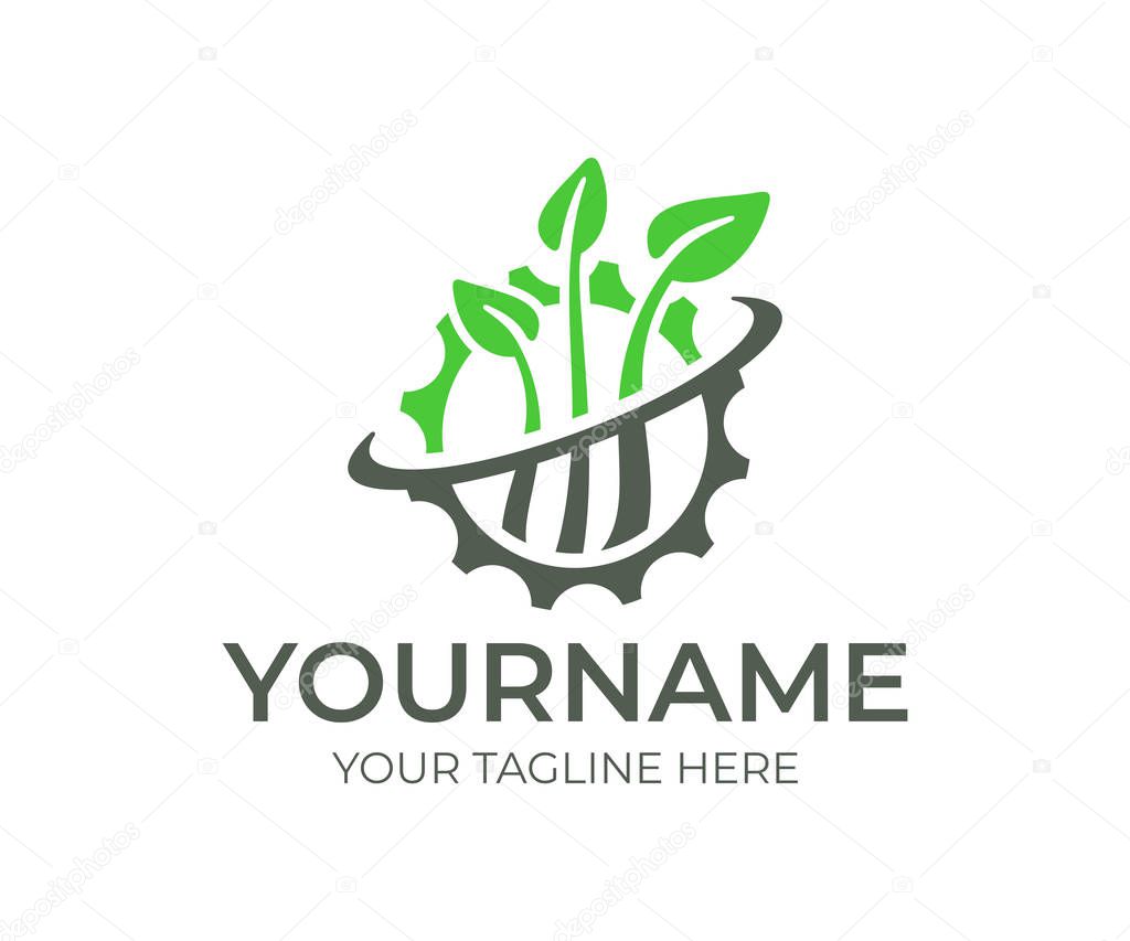 Plants and leaves in gear, logo design. Agriculture, growing, farming and agro industry, vector design and illustration