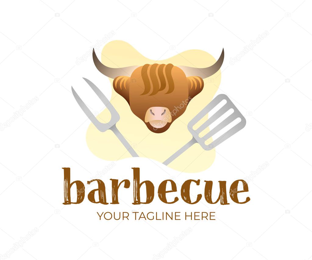 Head bull, spatula and fork, BBQ grill tool set, logo design and illustration. Barbecue, grilled, food and restaurant, vector design
