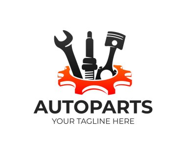 Autoparts in gear, auto piston, spark plug and wrench, logo design. Automotive parts, automobile detail and repairing car, vector design and illustration clipart