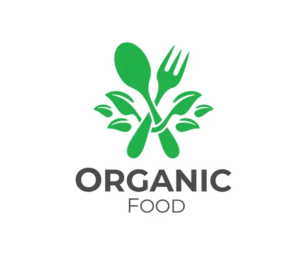 Comida Orgânica Garfo Colher Com Folhas Design Logotipo Restaurante Catering — Vetor de Stock