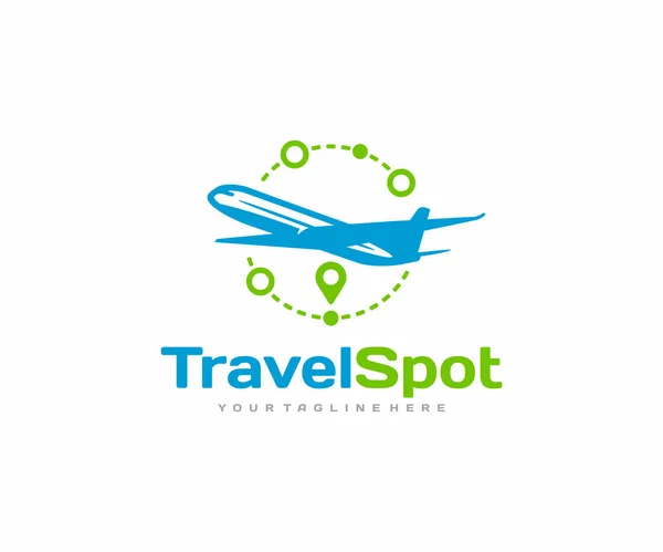 旅行休暇のロゴデザイン 飛行機や目的地のルートピンベクトルデザイン 世界のロゴタイプの旅 — ストックベクタ