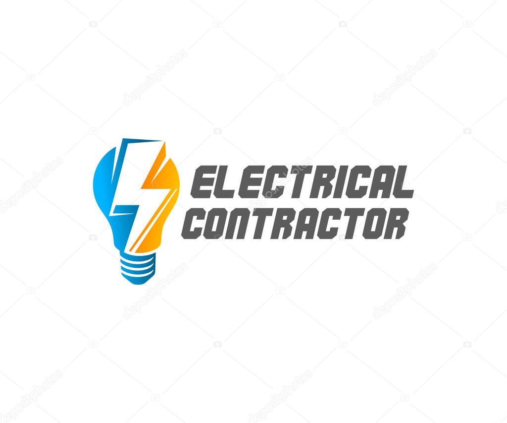 Electrical contractor, light bulb and lightning, logo design. Electric light, construction, electric current and electricity, vector design and illustration