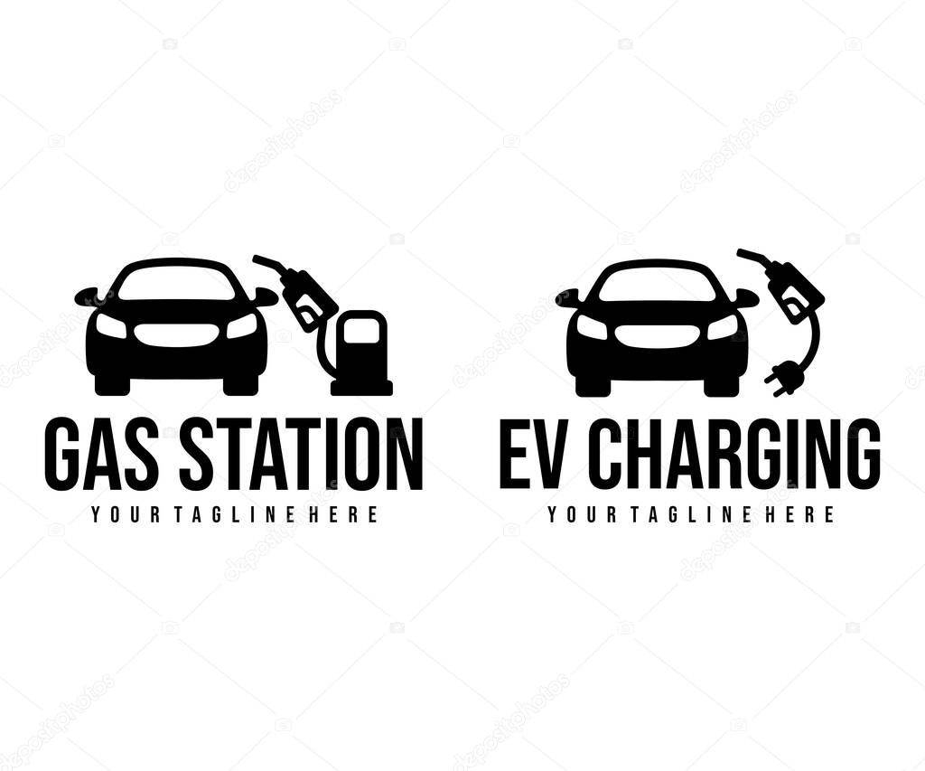 Gas station and EV charging stations for car, logo design. Transport, vehicle, fuel and energy, vector design and illustration