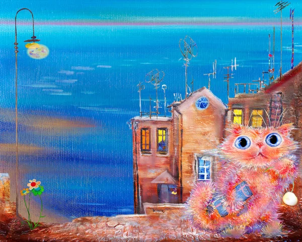 粉红色的猫与礼物在美丽的小镇附近的海 — 图库照片