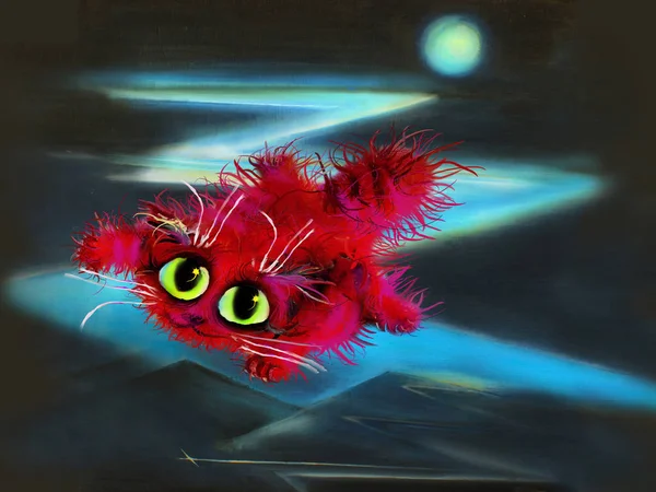 Flying Red Cat Abstract Night Background Stock Image