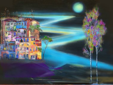 Soyut gece kasaba, ağaç ve dolunay