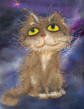 Koyu mavi zemin üzerine kahverengi kedi portresi