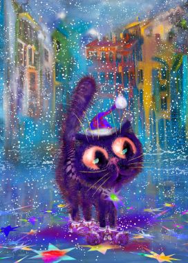 Puple kedi karlı Street Noel şapkalı