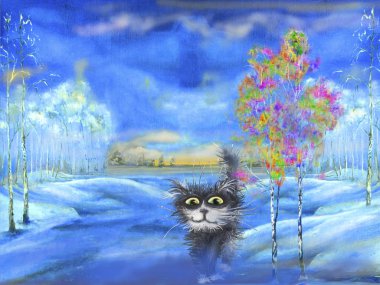 Kış manzara siyah kedi