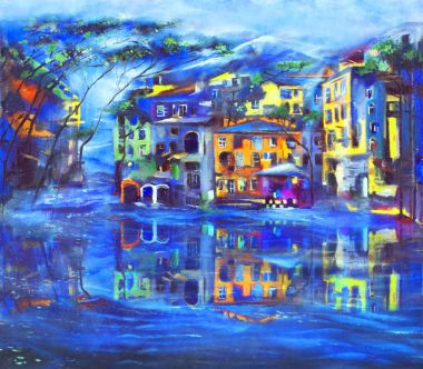 Gece şehir rüzgarlı hava, deniz kenarında