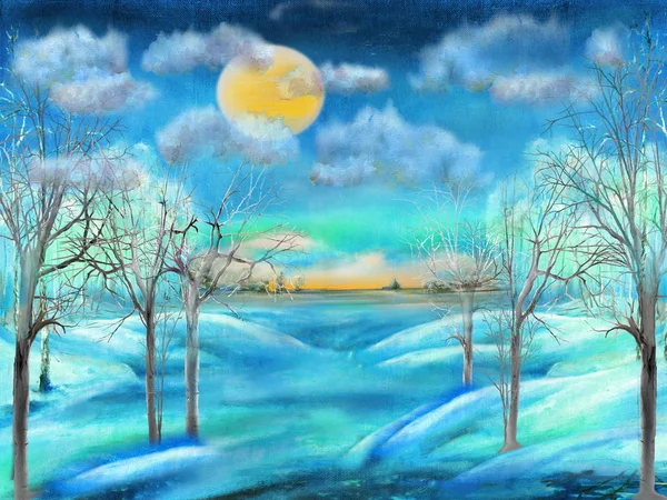 Peinture Huile Paysage Nocturne Hiver Avec Pleine Lune — Photo