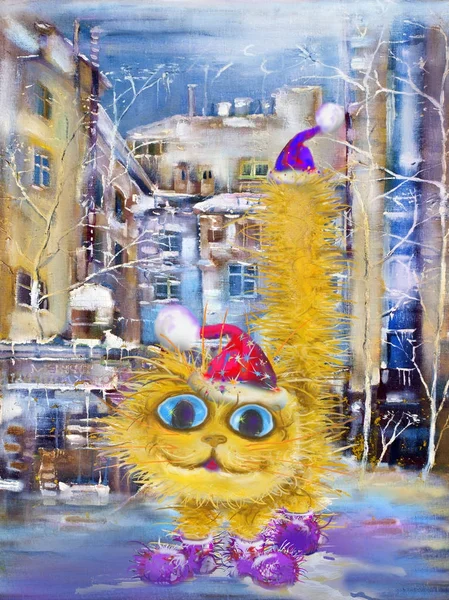 Gele Kerst Kat Straat Winter — Stockfoto