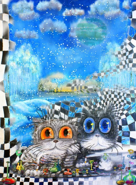 Soyut kış arka plan üzerinde iki kedi