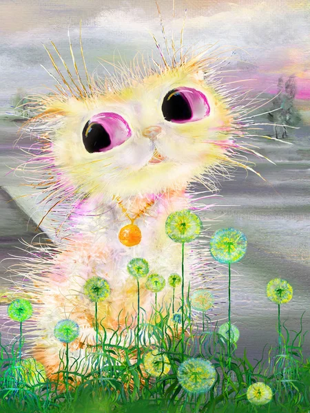 Cute white cat in dandelions