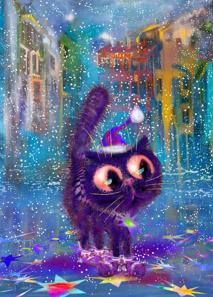 Puple kedi karlı Street Noel şapkalı