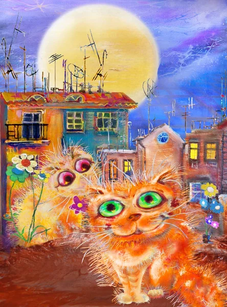 Twee Katten Straat Nacht Van Volle Maan — Stockfoto