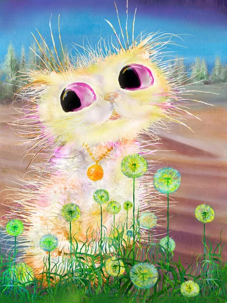 Cute ginger cat with pink eyes in spring dandelions