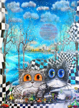 Kış manzarası, iki kedi