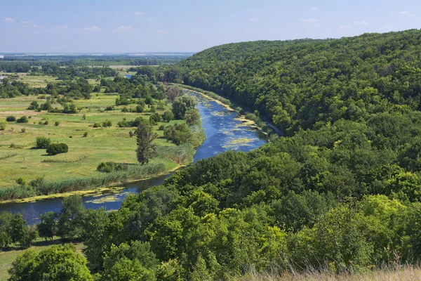 Landskap med skog och floden. Ukraine.summertime.August. Stockfoto